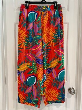 C&C California Pants Women Sz L Multicolor Floral 100% Linen Wide Leg Tropical